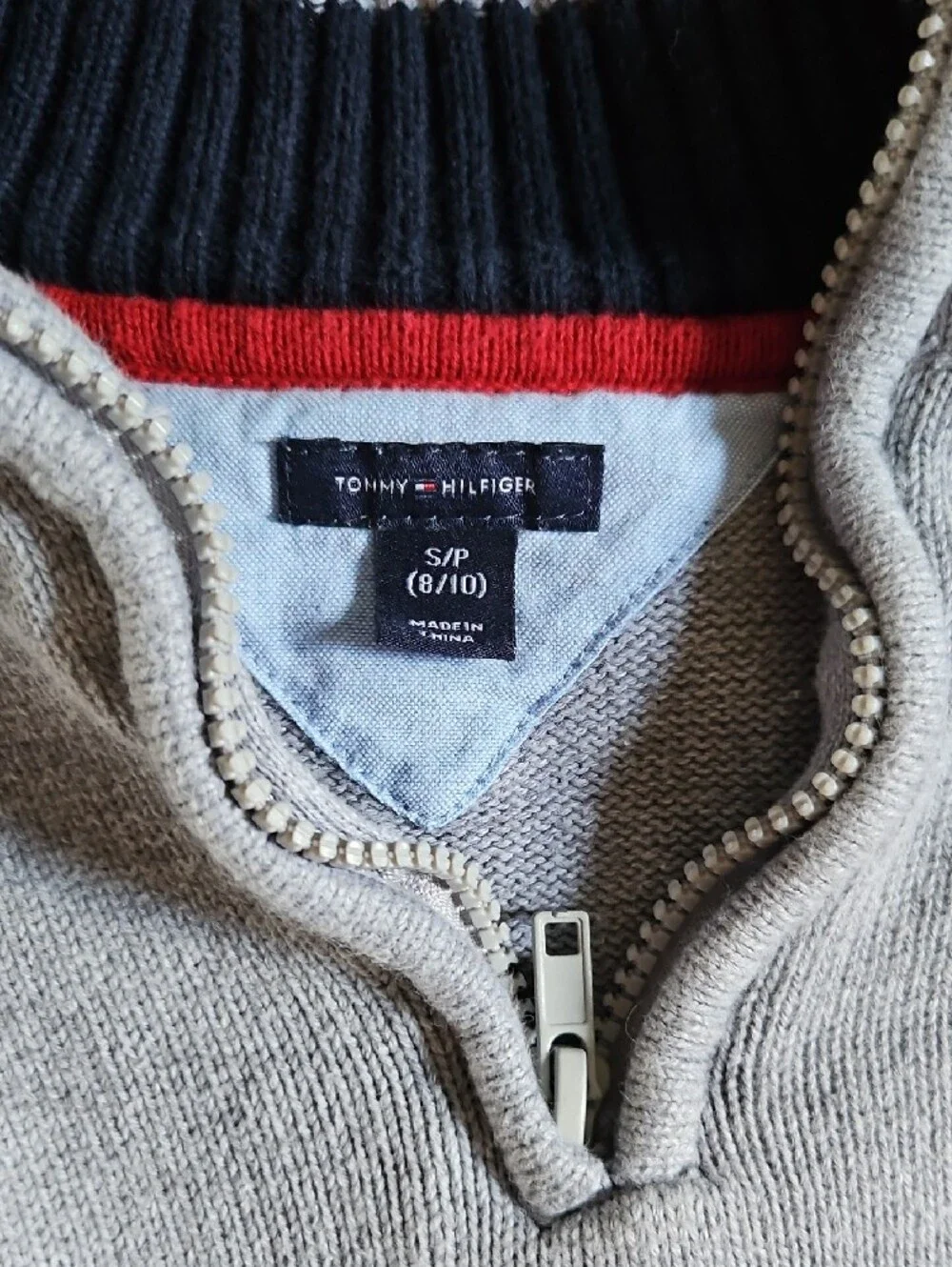 Tommy Hilfiger Light Gray Zip-Up Knit Sweater with Navy Trim
